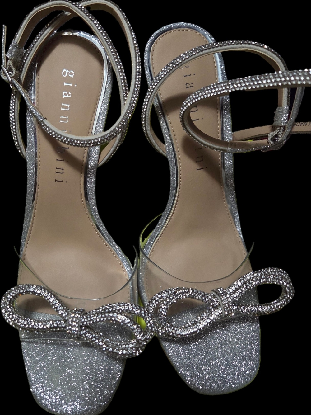 Gianni Bini Silver Glitter Rhinestone Bow Ankle-Strap Heels